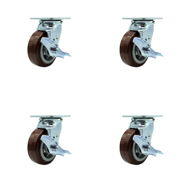 5 Inch Polyurethane Swivel Caster Set with Ball Bearing and Brake